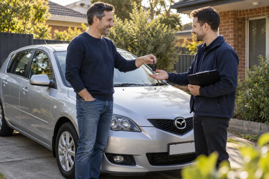 Illustrative direct car sale and key handover